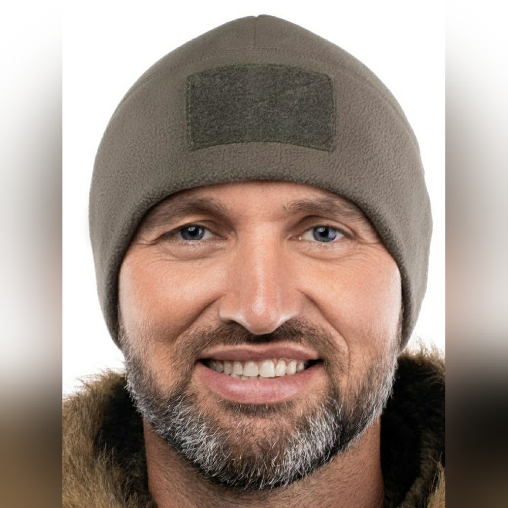 2SBR Warm Outdoor Winter Fleece Beanie with Name/Moral Patch Panes Size L Green